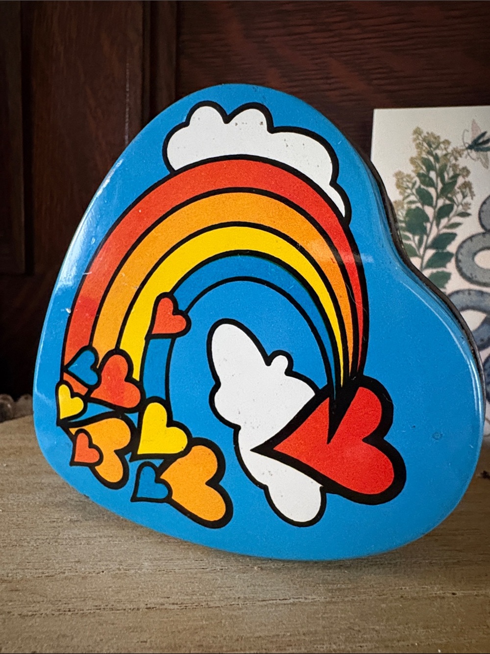 Vintage 1985 Giftco Heart Rainbow Tin with Hearts Graphic and Strawberry candle